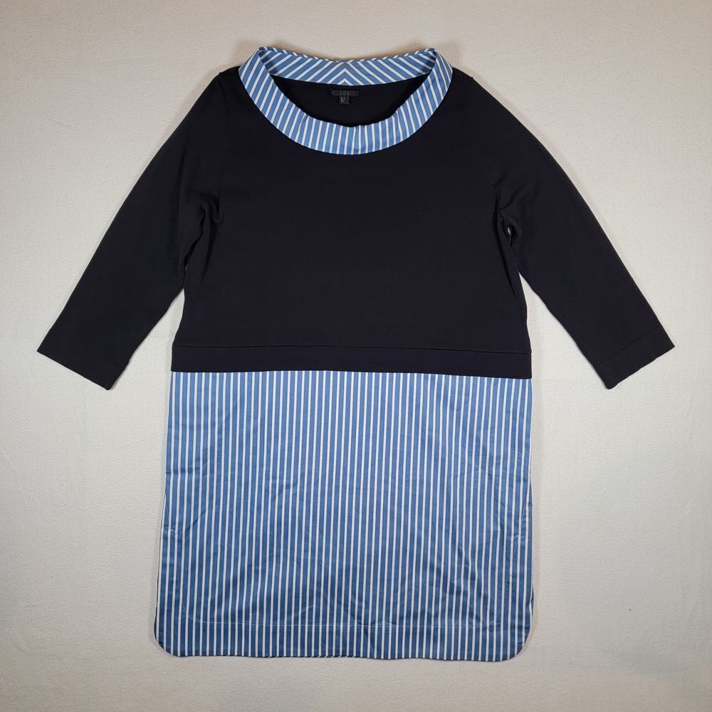 COS Women's Knitted Dress Sz M Black Blue White Striped Boxy Midi Sailor